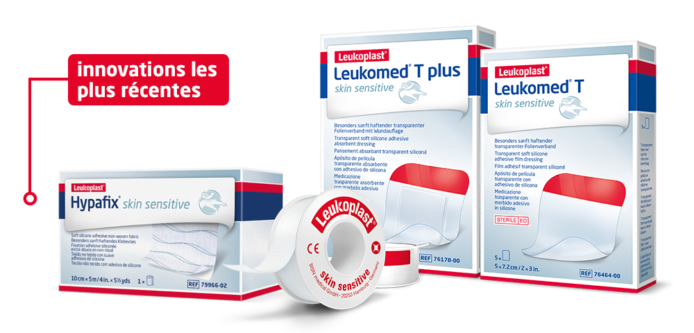 Nous voyons quatre exemples de produits Leukoplast dotés de la technologie pour peaux sensibles : Hypafix, Leukomed T et T plus et une bobine de ruban de fixation.  Nous voyons quatre exemples de produits Leukoplast dotés de la technologie pour peaux sensibles : Hypafix, Leukomed T et T plus et une bobine de ruban de fixation.